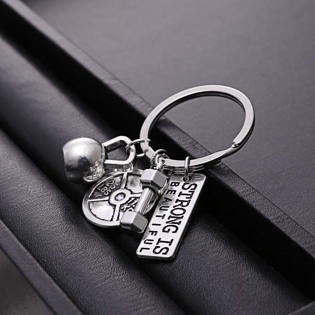 Stainless Steel Fitness Gym Charm Keychains Quotes Weight Plate Dumbbell Kettlebell Charmskeyring